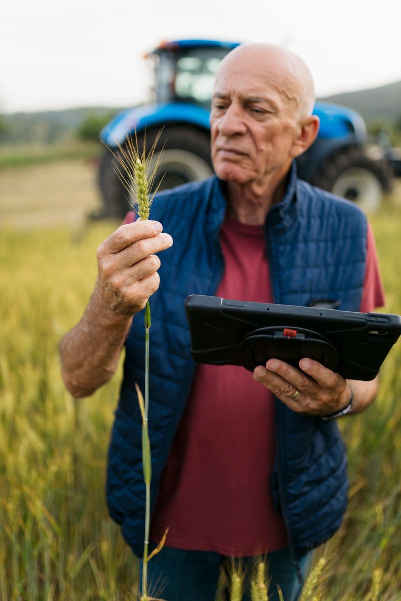 Elderly farmer inspecting the growth of green wheat sprouts in the field using a digital tablet to enhance crop management and monitoring.