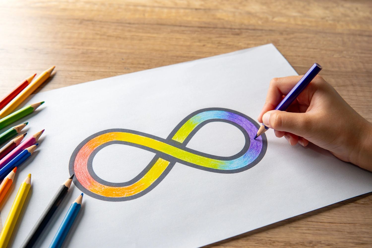 A hand coloring a rainbow infinity symbol with colored pencils on paper.