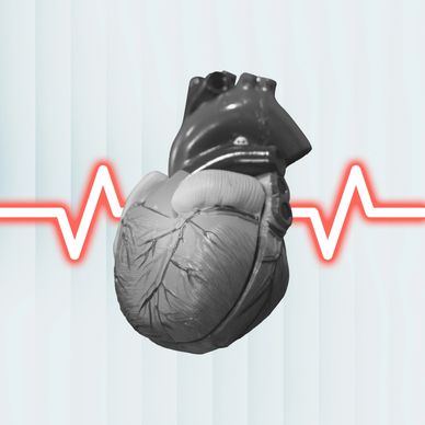3D heart model with EKG line in background.