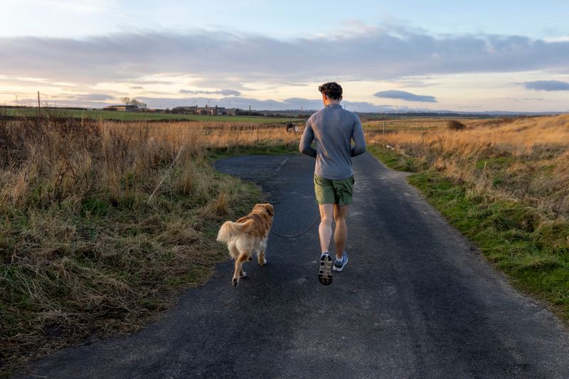Wide rear-view shot of a young adult male and his pet dog running along a country lane in Northumberland, North East England. He is wearing sports clothing, holding his dog's lead and the sun is setting on the surrounding countryside.

Videos similar to this scenario available.
