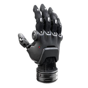 A sleek black robotic prosthetic hand with articulated fingers.