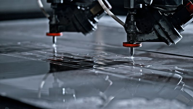 Close-up shot of dual high-pressure water jet cutting heads in operation, spraying precise streams onto reflective metal surface. Industrial machinery demonstrates advanced manufacturing technology in action.