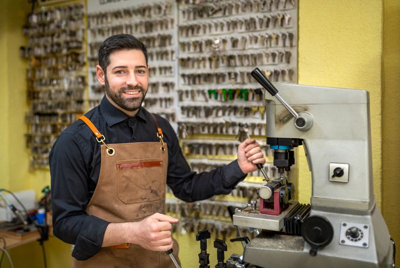 Young locksmith working with key copying machine duplicating metal keys for his customers in his workshop, he is smiling at camera wearing an apron