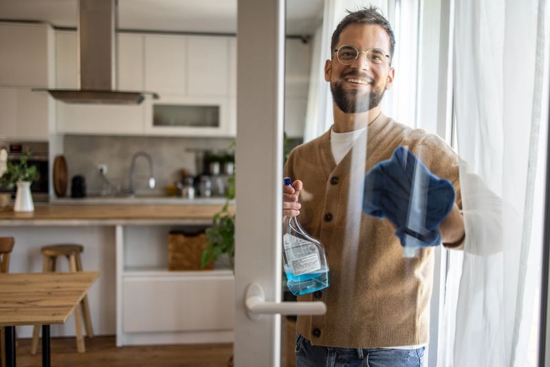 Happy man wearing glasses, spraying detergent and cleaning windows with a microfiber cloth in a bright, modern apartment, enjoying a cheerful moment of domestic life and housework.