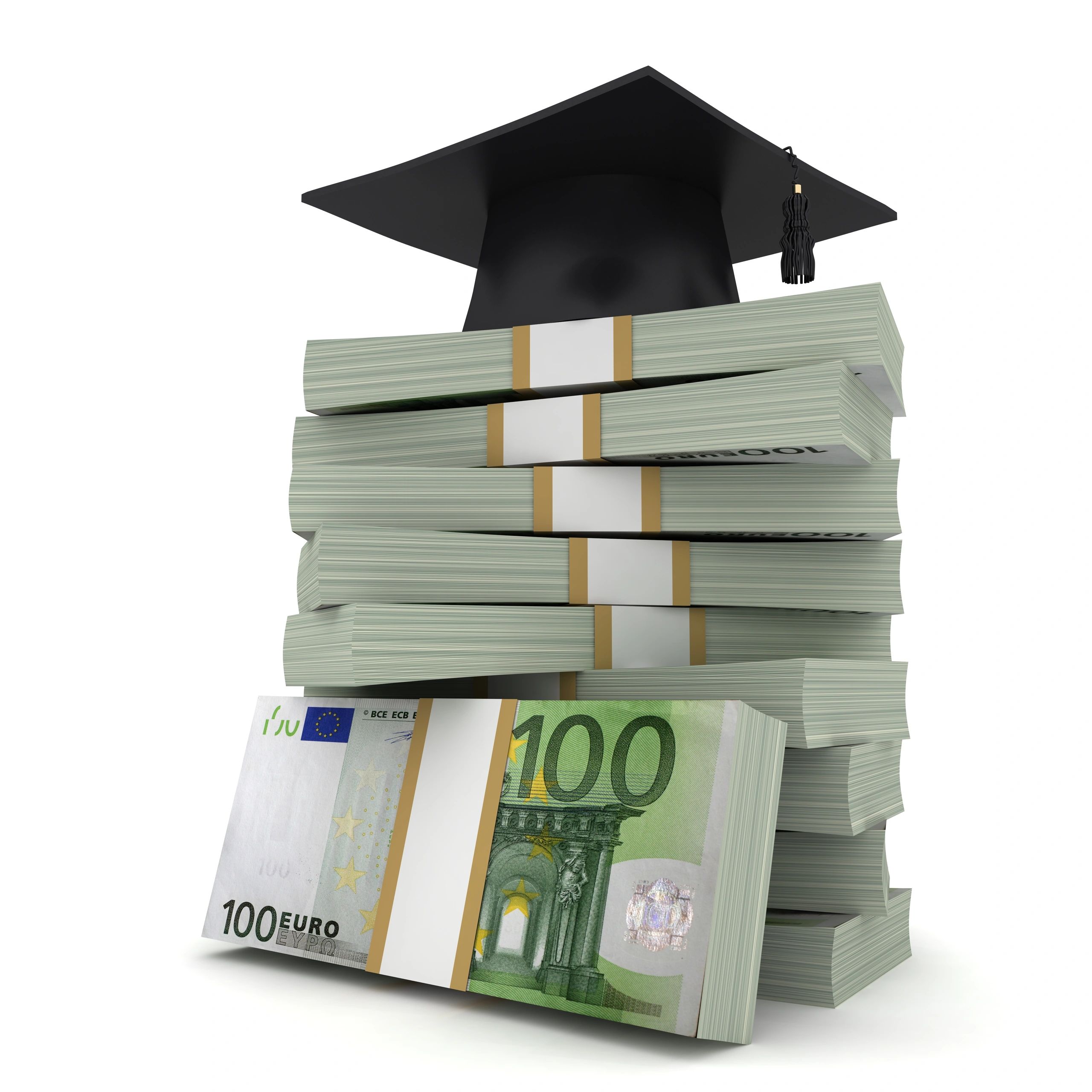 Graduation cap on stacked bundles of 100 euro bills.