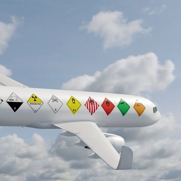 Airplane with various hazardous material warning signs painted on its side.