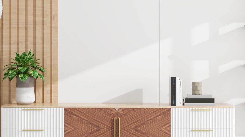 Modern Minimalist Interior with Wooden Accents and Greenery, 3d rendering of interior decoration.