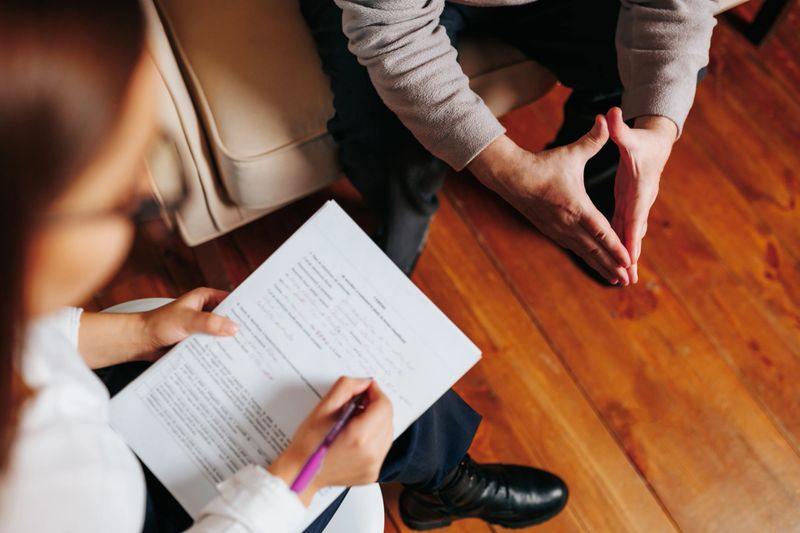 A counselor takes notes while listening attentively to a client discussing personal matters. The setting features wooden floors and comfortable furniture, enhancing the relaxed atmosphere.