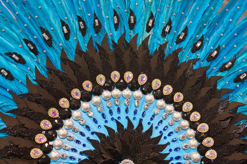 Handcrafted fan made with blue feathers and jewelry. Carnival time