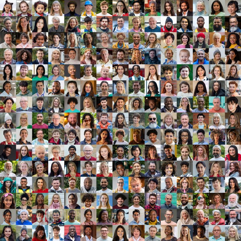A 15x15 Collage of 225 individual faces, including people from a wide range of ethnicities, ages, abilities and backgrounds, they are all from different walks of life.
