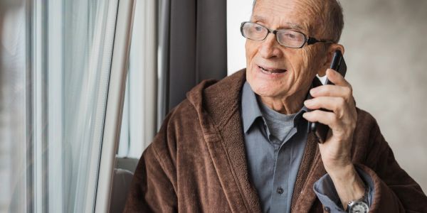 Elderly man talking on the phone by the window.