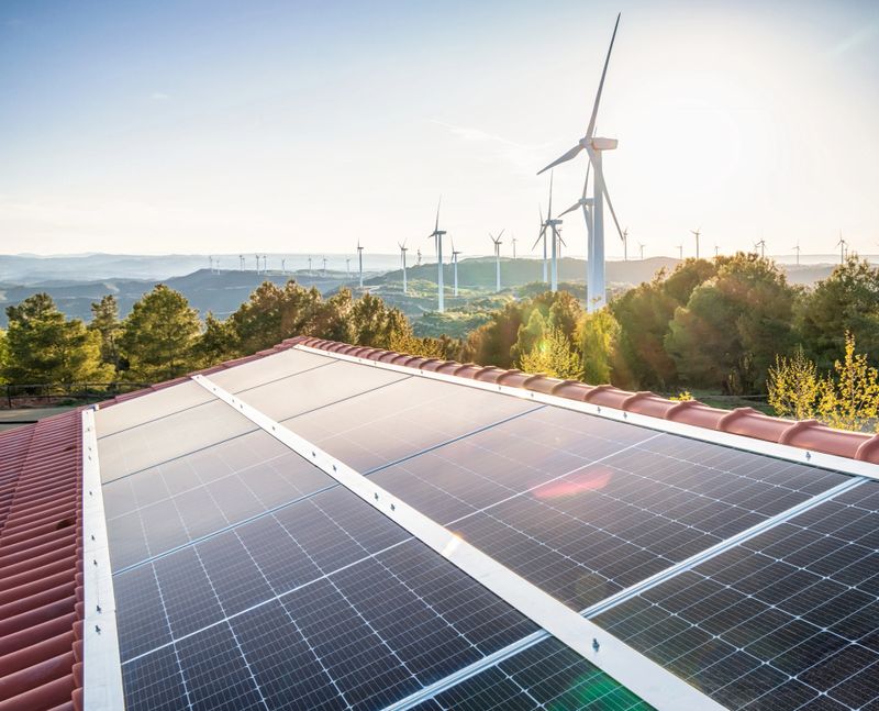 Solar panels covering residential rooftop with wind turbines spinning in background, representing renewable energy infrastructure and eco-friendly power generation