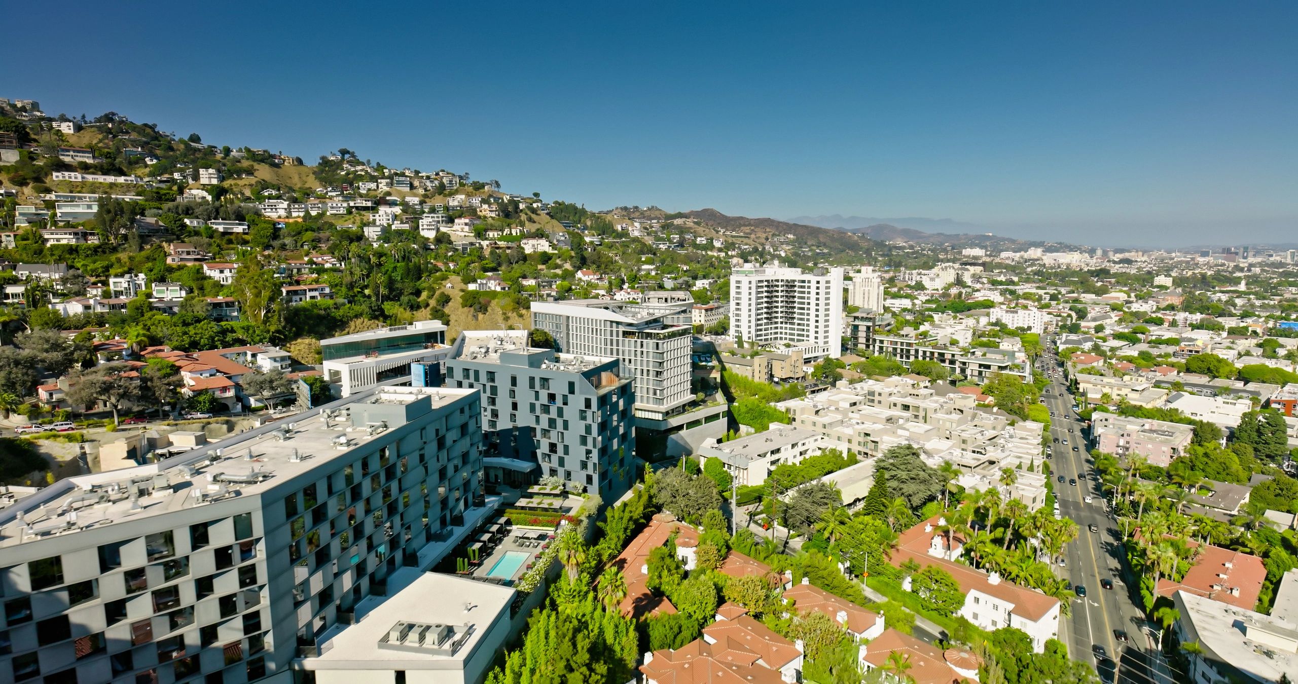 Daytime view of West Hollywood and the nearby hills in Los Angeles County, California.