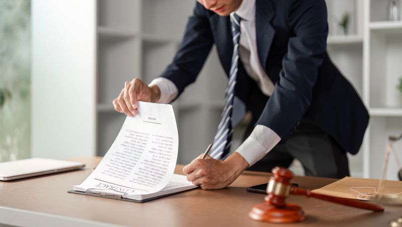 A young Asian lawyer is reviewing and signing legal contract documents at his office desk, dedicated to his law practice.