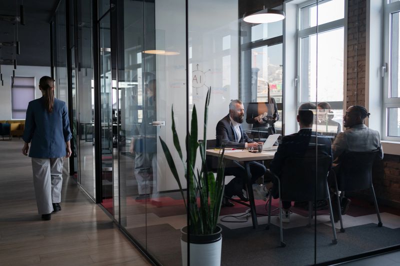Modern office meeting in a glass-walled conference room with a diverse business team. Concept of teamwork, corporate collaboration, artificial intelligence and professional workspace environment.