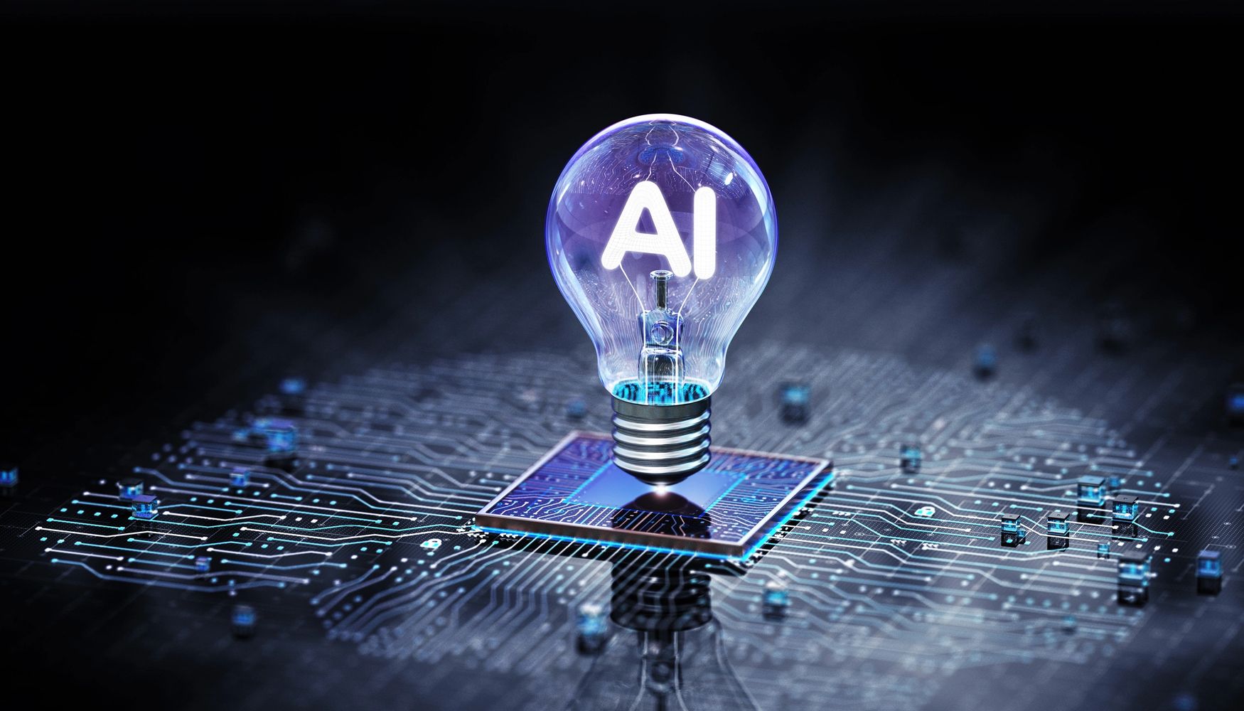 Light bulb with 'AI' glowing above a microchip on a circuit board.