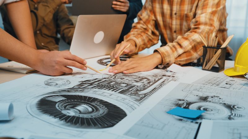 Engineers examine detailed technical drawings of an airplane turbine while collaborating in a modern workspace filled with tools and innovative ideas. SACTR