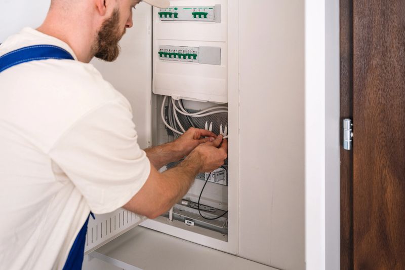 A skilled electrician is focused on checking and maintaining an electrical panel inside a residential building. Cables are organized for optimal efficiency and safety.