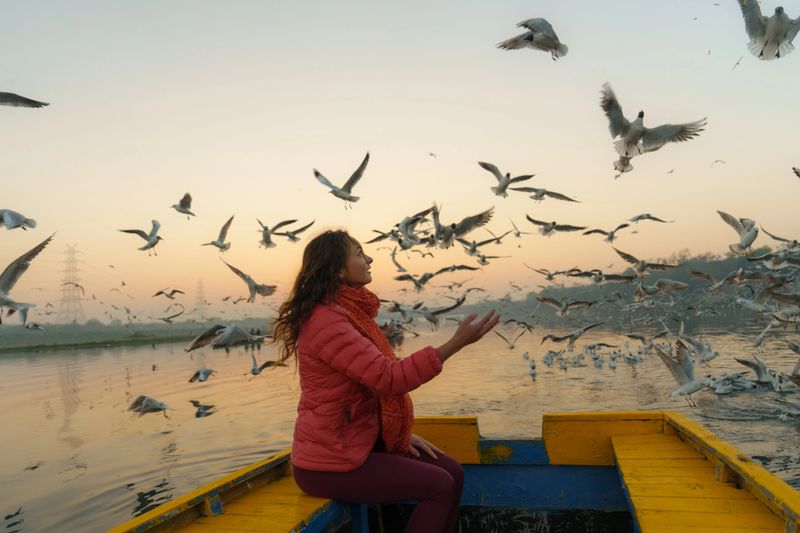 Serene woman looking at flock of migratory birds on rivere in New Delhi
