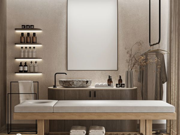 Minimalist spa room with a massage table and elegant decor.