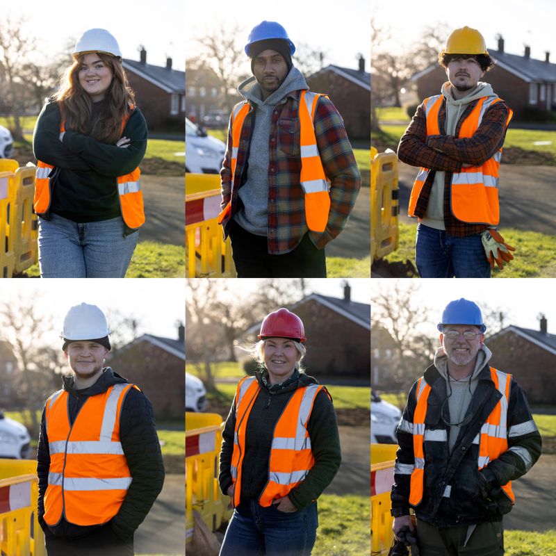 Front-view 2x3 three quarter length portrait collage of a medium group of construction workers at an outdoor worksite in Seghill, North East England. They're wearing safety gear, including hard hats and high-visibility vests, while standing on site near construction barriers. They are smiling and looking at the camera.