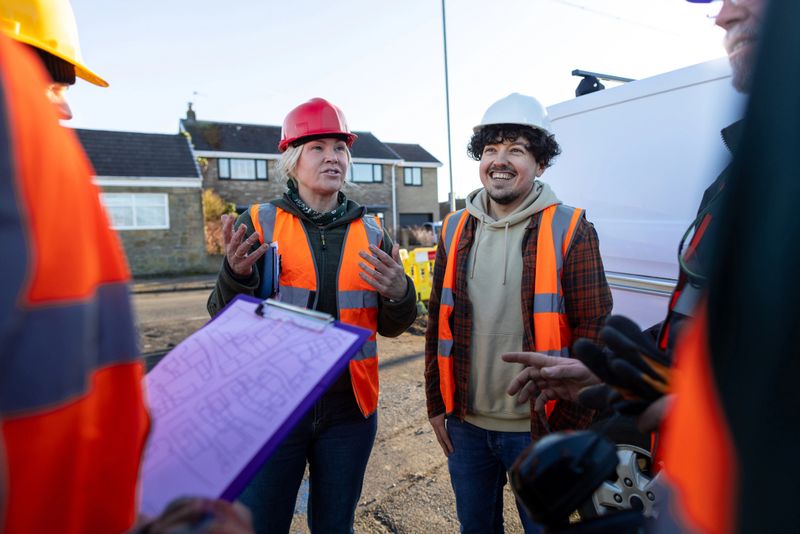 Front-view of a small group of construction workers engaged in a discussion at an outdoor worksite in Seghill, North East England. They're wearing safety gear, including hard hats and high-visibility vests, while standing together on site near construction barriers and their work van. One construction worker is holding blueprints of the street.Videos similar to this scenario are available.