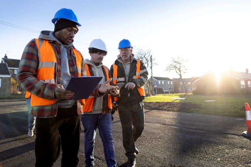 Front-view of a small group of construction workers engaged in a discussion at an outdoor worksite in Seghill, North East England. They're wearing safety gear, including hard hats and high-visibility vests, while walking together on site near construction barriers and their work van. One construction worker is holding a clipboard and another is holding a digital tablet.

Videos similar to this scenario are available.