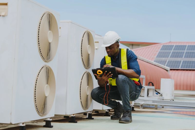 Engineers are checking the air conditioning and cooling system in a commercial building.