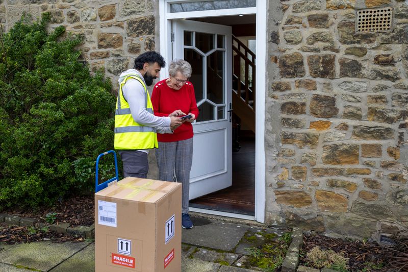 Wide shot of a male delivery driver standing outside a house in Seghill, Northumberland. He is wearing casual clothing with a yellow hi-vis jacket over his hoodie. The man has a big package on a trolley as he is delivering it to a senior woman who is standing on her doorstep. The woman is holding and signing an electronic tablet for her delivery.Videos are available similar to this scenario.