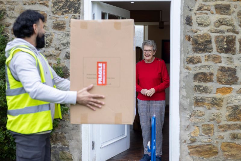 Wide shot of a male delivery driver standing outside a house in Seghill, Northumberland. He is wearing casual clothing with a yellow hi-vis jacket over his hoodie. The man is holding a big package as he is delivering it to a senior woman who is standing on her doorstep. They are both looking at each other and smiling.

Videos are available similar to this scenario.