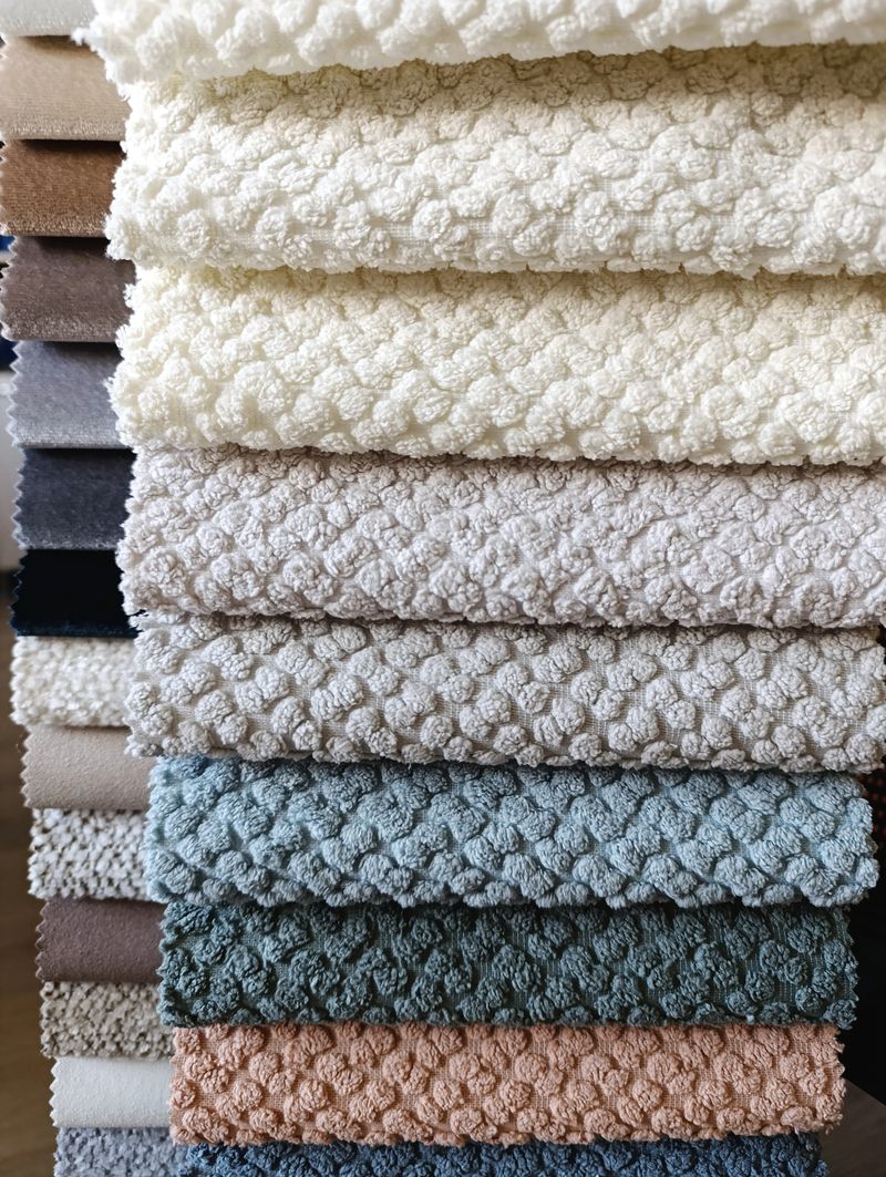 Colorful Boucle Fabric Samples. textile products