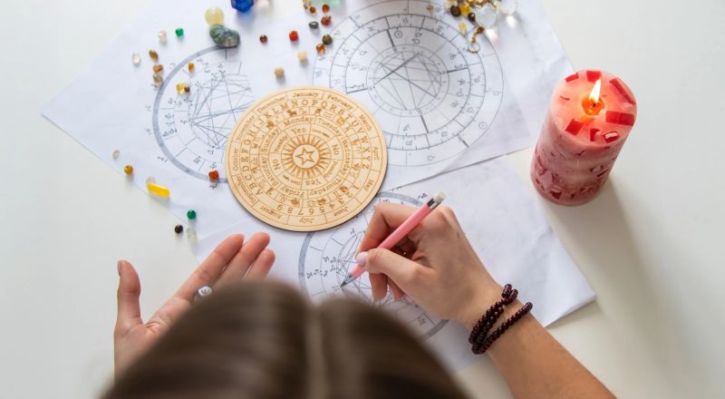 Woman astrologer draws a natal chart. Selective focus.