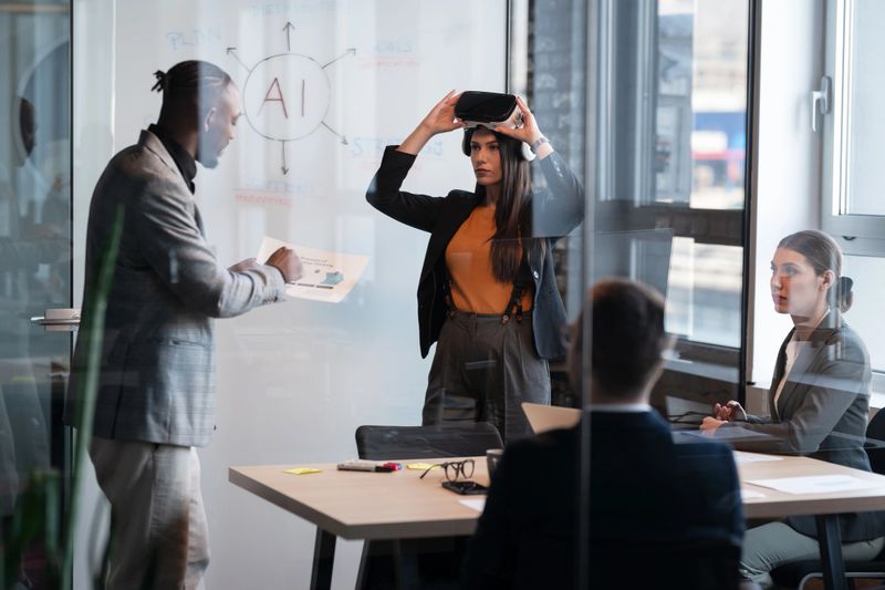 Diverse business professionals in a modern office engaging in a presentation on artificial intelligence. A woman puts on a VR headset, symbolizing innovation. Concept of technology in workplace.