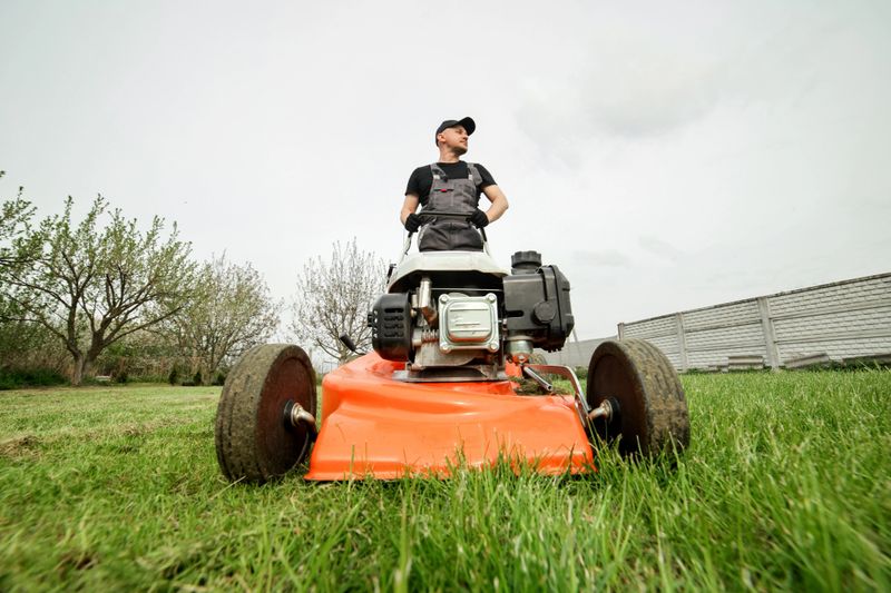Professional gardener in protective apparel is mowing green grass lawn using modern gasoline cordless lawnmower at backyard. Seasonal landscaping design work. Blooming trees on background.