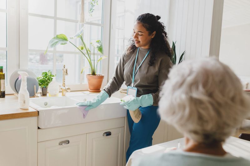 Rare view of gray-haired lady talking to black helping volunteer standing next to kitchen sink in blue raisin gloves, cleaning room carefully using spray and microfiber cloth, wearing badge with name
