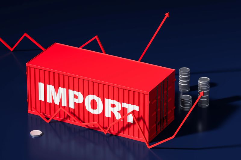 Red shipping container labeled IMPORT with financial growth arrows and coin stacks on dark background. Concept of rising tariffs and trade increase. 3D Rendering