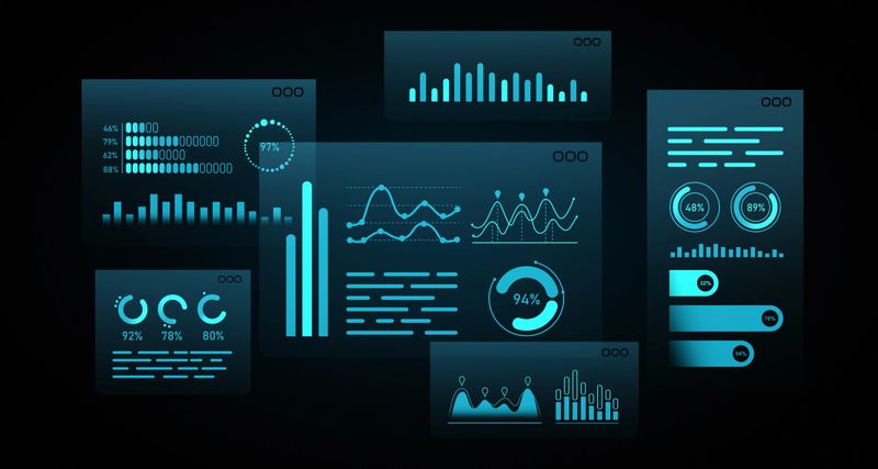 Futuristic glowing charts and graphs in a 3D rendering style, displayed on a dark background. Concept of financial data visualization and analytics