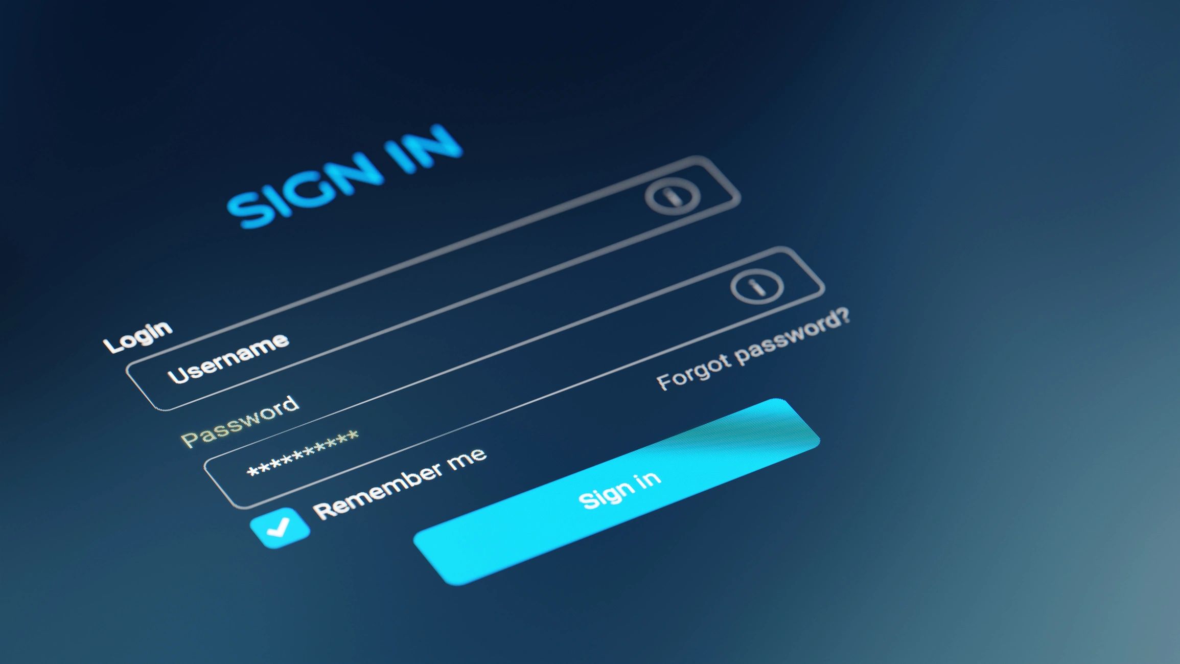 A digital login screen with username, password fields, and a sign-in button.