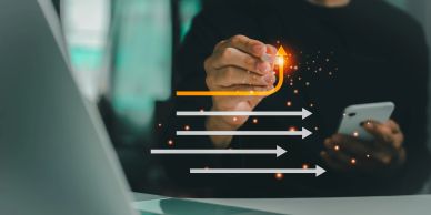 Person lighting a match with progress arrows symbolizing growth or success.
