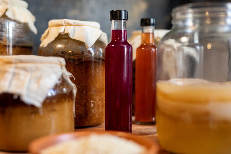 Variety of fermented products such as chickpea, rye and barley misos, vinegars and kombuchas - Buenos Aires - Argentina