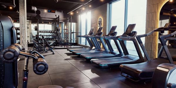 Modern gym with treadmills and weightlifting equipment.