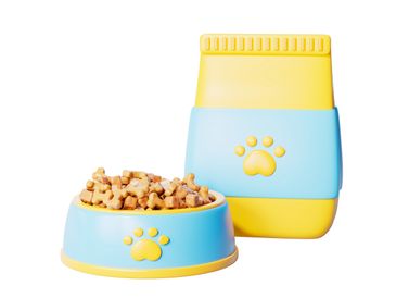 Yellow and blue pet food container and bowl with paw prints.