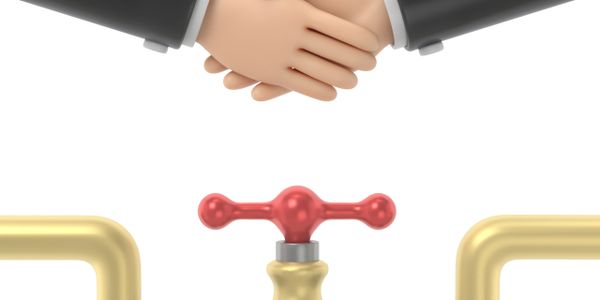 3D illustration of handshake above a water valve with pipes.