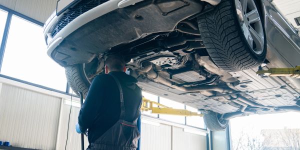 Mechanic inspecting a car lifted in a garage.