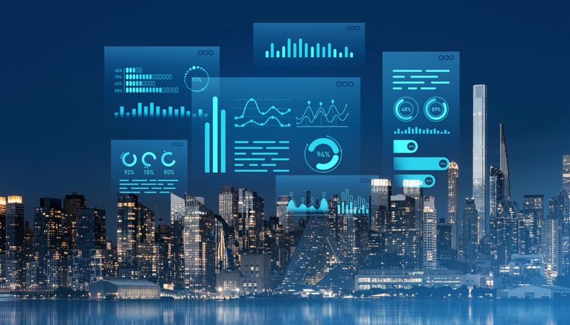 Holographic financial charts and graphs overlaying NYC skyline at night, showcasing market data visualization and futuristic business concepts