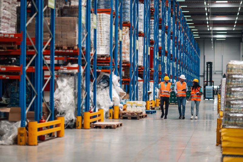 Three warehouse workers wearing safety vests and hardhats are walking through a large warehouse, discussing logistics and inventory management while holding clipboards