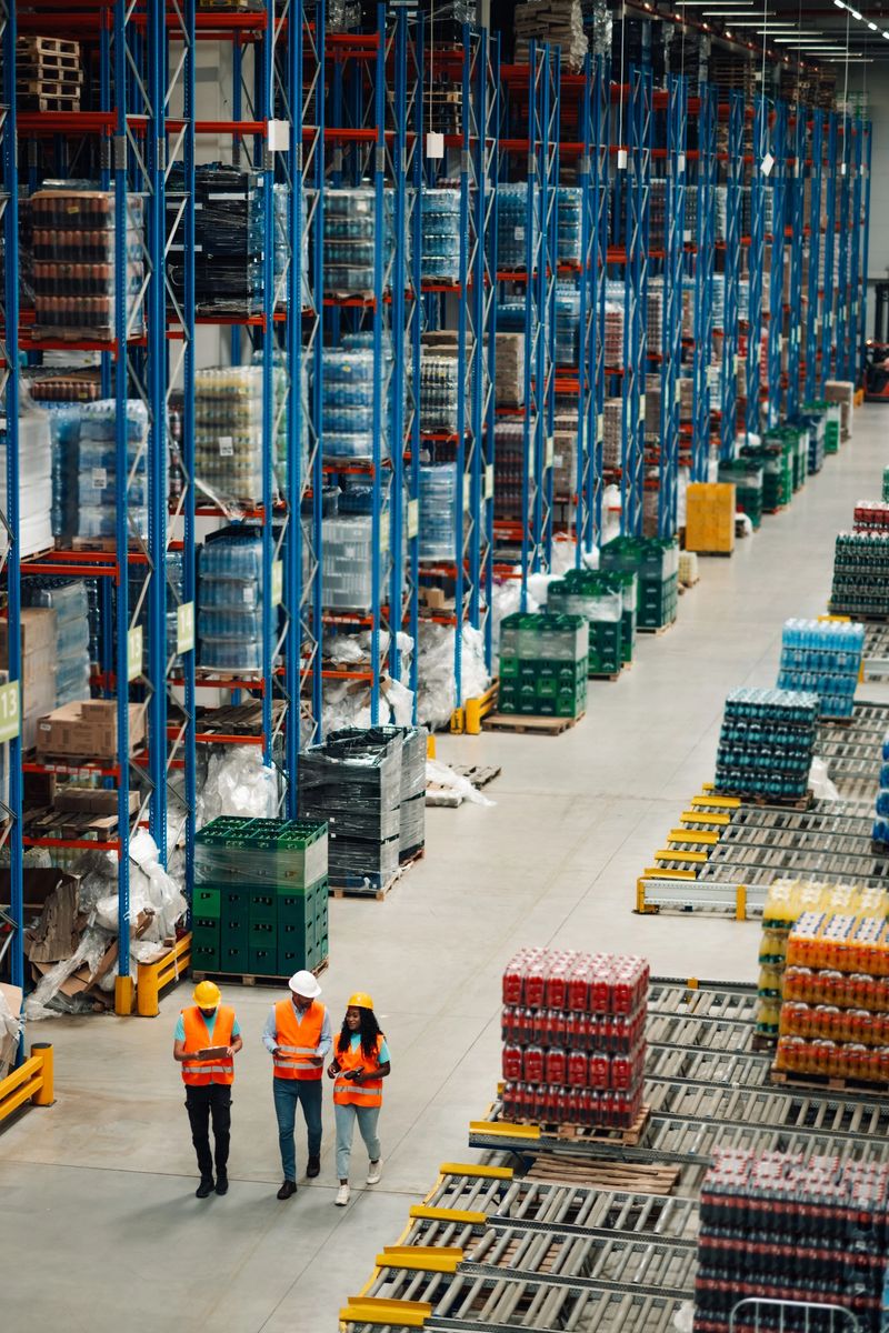 Three warehouse workers in safety vests and helmets are walking through large distribution warehouse and controlling inventory with digital tablets and walkie talkie