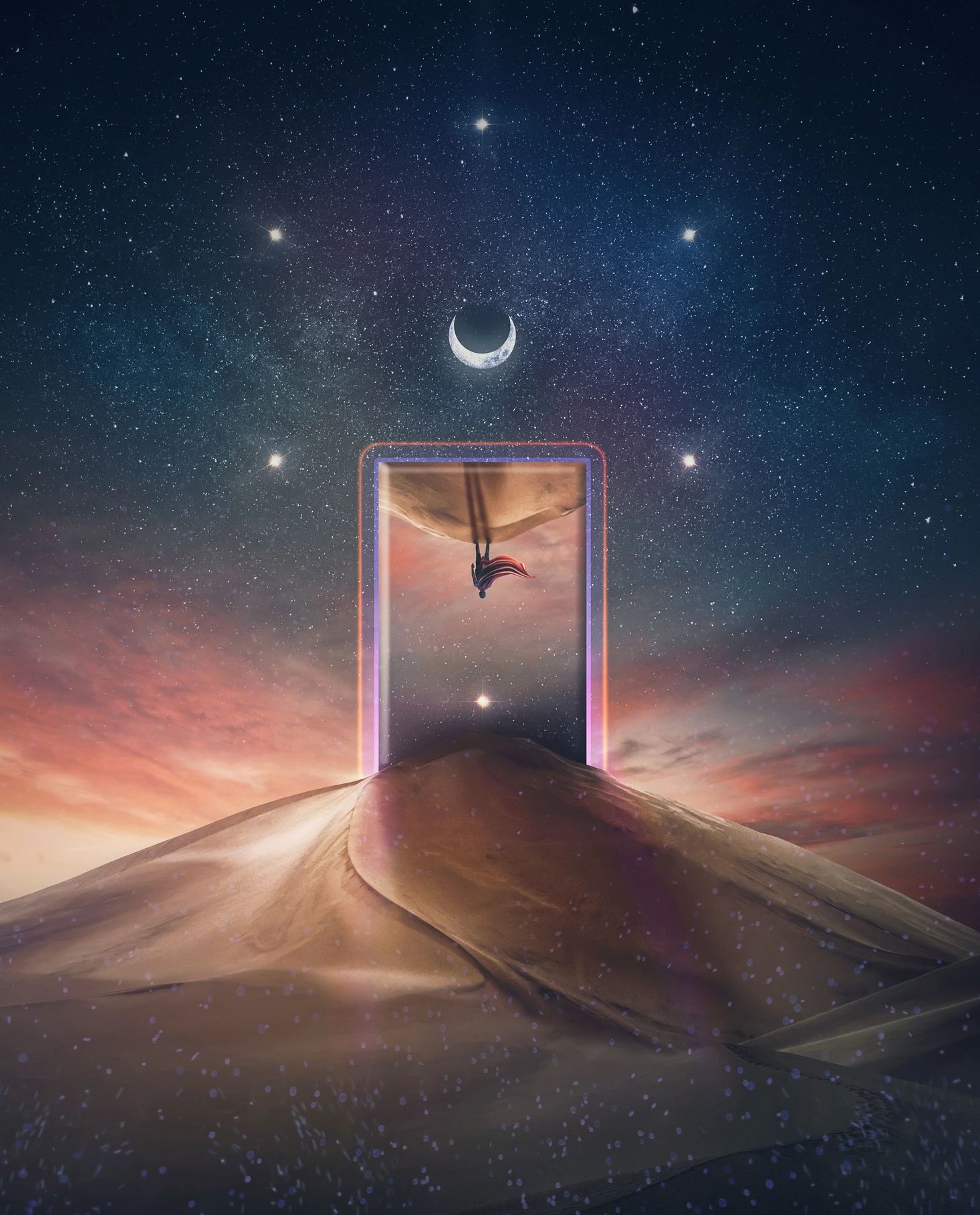 Starry sky with crescent moon and luminous doorway above dunes—visual for Astrological Alignment’s Qz