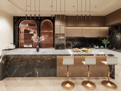 Modern kitchen with marble island and stylish bar stools.