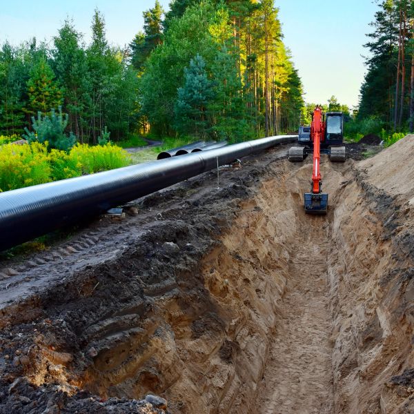 Excavator digging trench for pipeline installation in forested area.